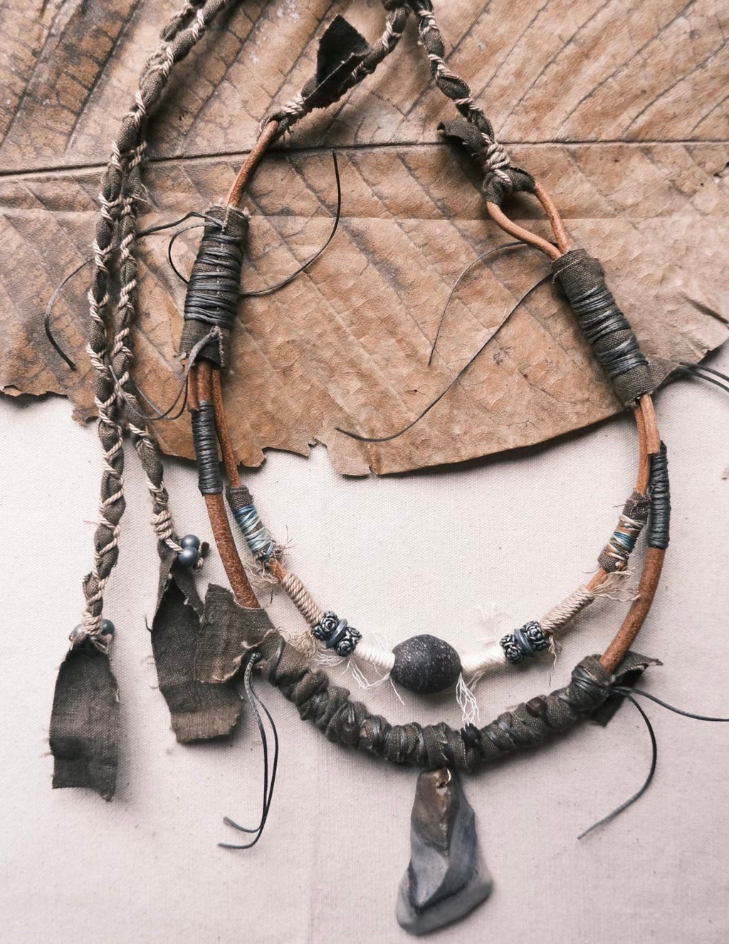 One-of-a-kind rustic pendant necklace with wrapped cord and earthy handmade details