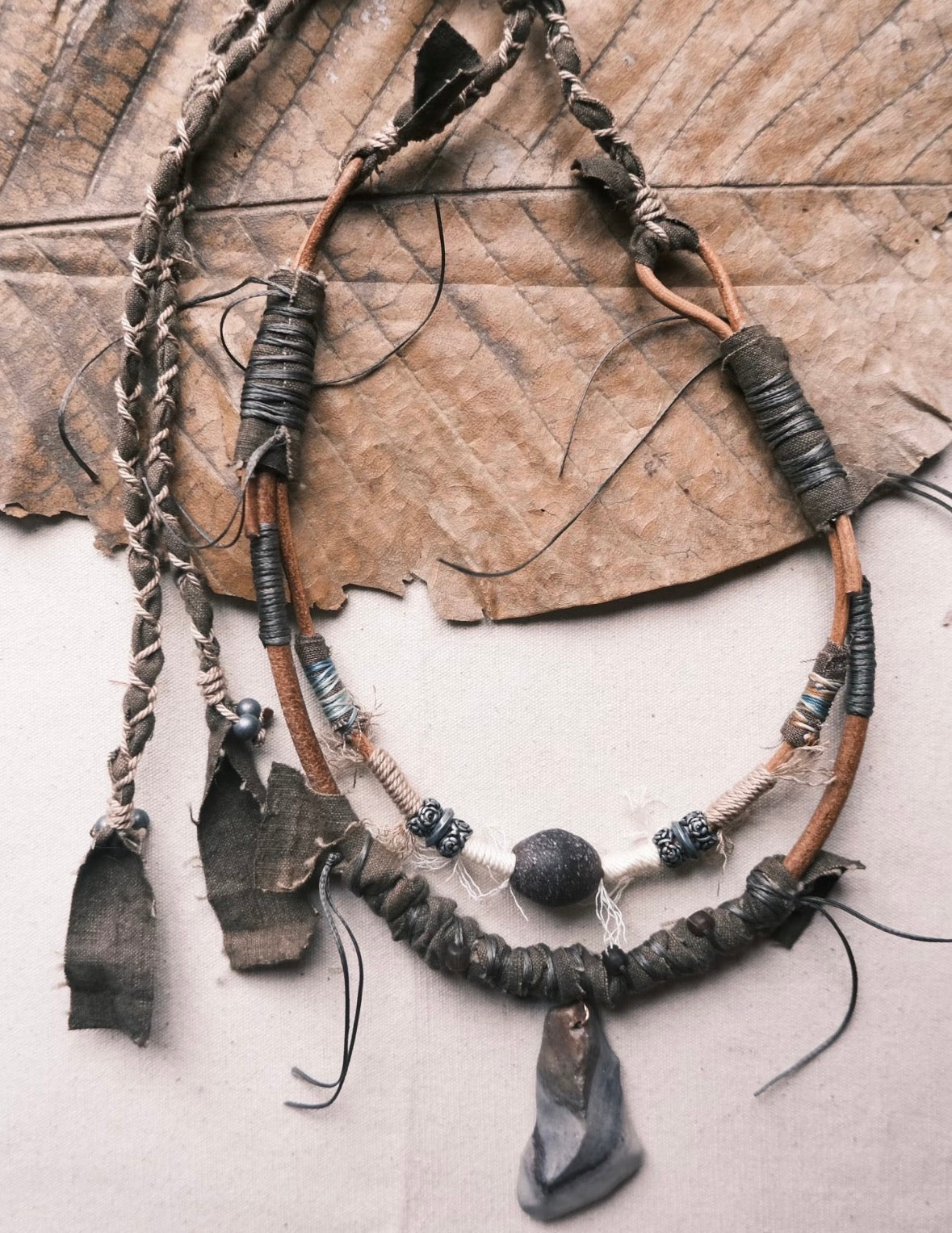 One-of-a-kind rustic pendant necklace with wrapped cord and earthy handmade details
